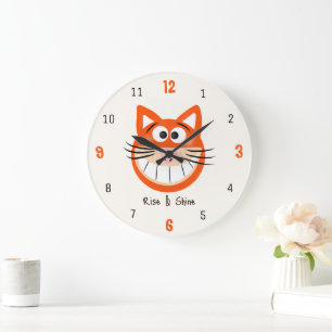 Erwachen & Erstrahlen – Lächelnde orange Katze Große Wanduhr