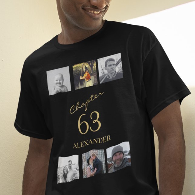 Erwachsene 6 Foto Schwarz und Gold jedes Alters Ge T-Shirt (Black and gold birthday t-shirt with 6 photo template. )