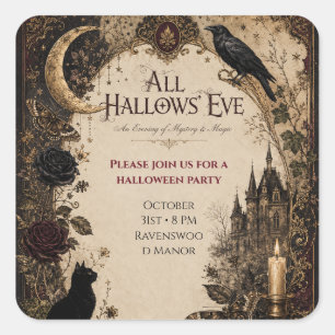 Erwachsene Halloween-Party Rabe, Antiker Schlüssel Quadratischer Aufkleber