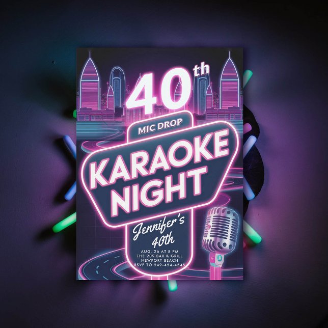 Erwachsene Karaoke 90er Neon Pink Glow 40. Geburts Einladung (90s neon glow arcade pink40th  birthday invitation for women millennial y2k)