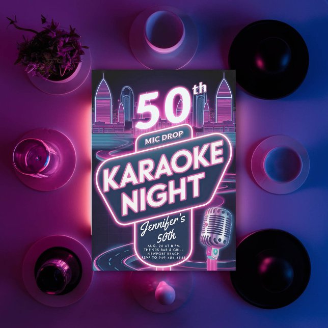 Erwachsene Karaoke 90er Neon Pink Glow 50. Geburts Einladung (90s neon glow arcade pink50th  birthday invitation for women y2k)