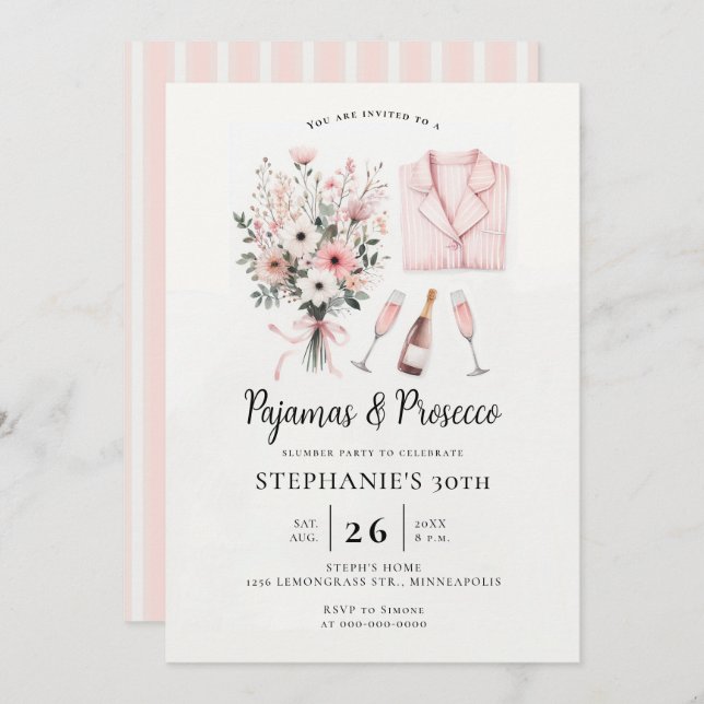 Erwachsene PJ Sleepover Pajamas Prosecco 30. Gebur Einladung (Vorne/Hinten)