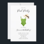 Erwachsene Pool Geburtstagsparty Swimsuit Einladung<br><div class="desc">Fun Erwachsenen Geburtstagsfeier Einladungskarte mit Darstellung des grünen Badeanzugs mit einem Sonnenhut. Ideal für eine Geburtstagsparty im Sommer.</div>
