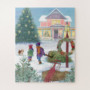 Erwärmung im Herzen Snowscape mit Kindern Puzzle