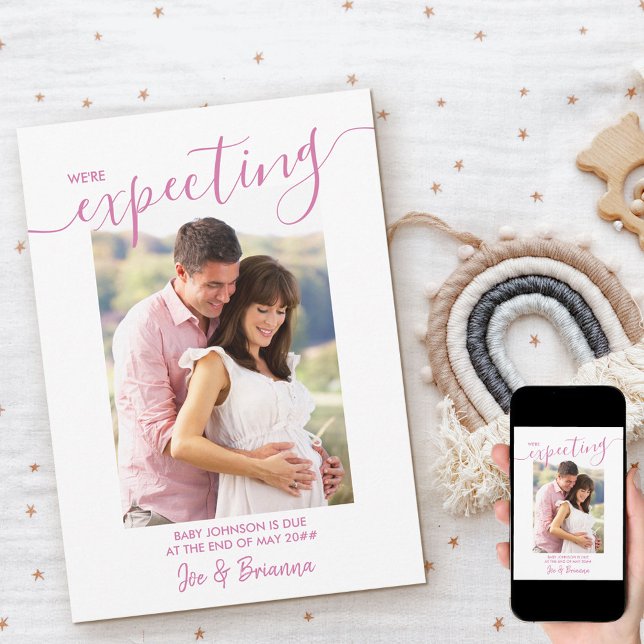 Erwartung von Foto Elegant Script Rosa Navy Schwan Ankündigung (Von Creator hochgeladen)