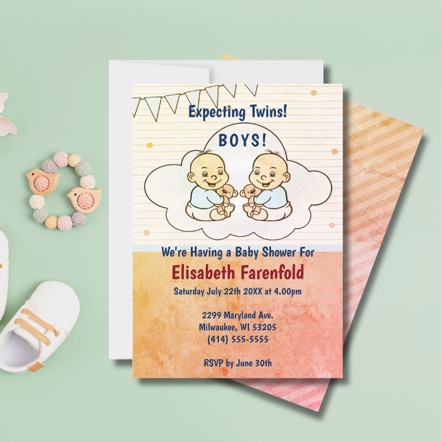 Erwartung von Twin Boys Cloud Baby Shower Retro Einladung (Expecting Twin Boys Cloud Baby Shower Retro Invitation)