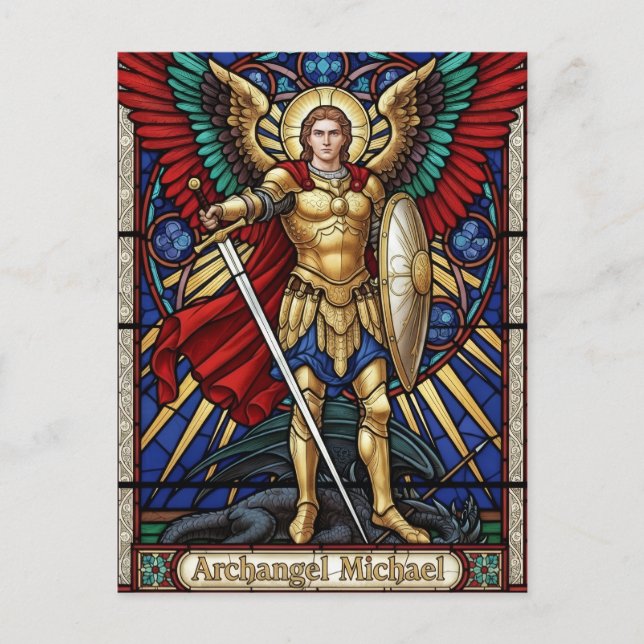 Erzengel Michael - Bunte Glasmalerei-Engel Postkarte (Vorderseite)