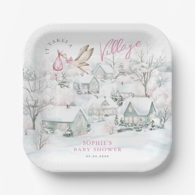 Es braucht ein Village Pink Girl Stork Baby Dusche Pappteller (Vorderseite)