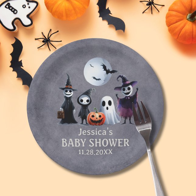Es braucht eine Spuk Dorfrunddusche Pappteller (It Takes Haunted Village Halloween Baby Shower Paper Plates)