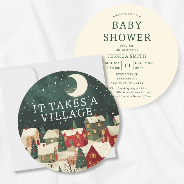 Es braucht eine Whimsical Winter Baby Dusche Einladung (It Takes A Village Winter Illustration Baby Shower Invitation
)