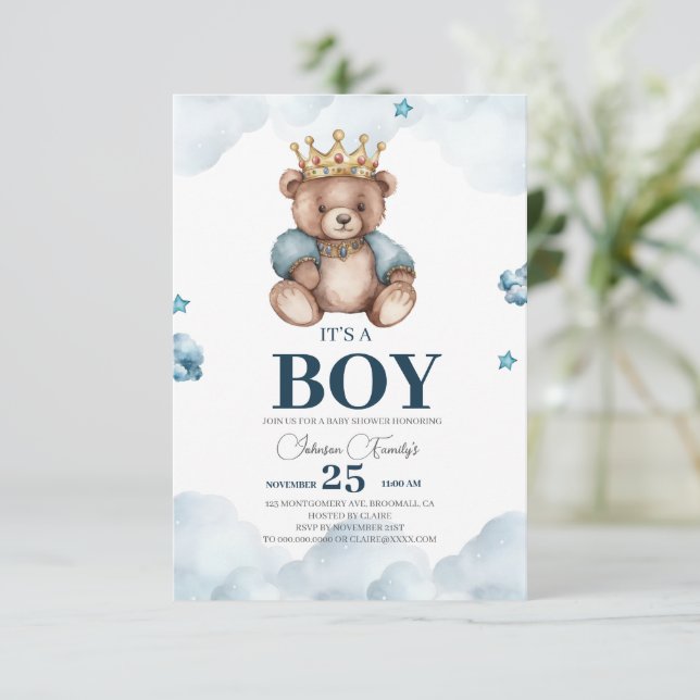 ES IST BOY Bear Baby Shower RSVP Karte (Stehend Vorderseite)