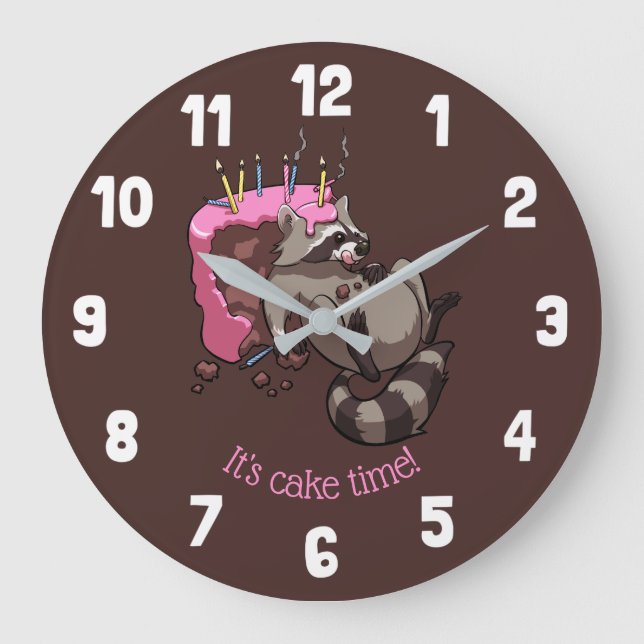 Es ist Cake Time! Greedy Raccoon Birthday Cake Große Wanduhr (Vorderseite)