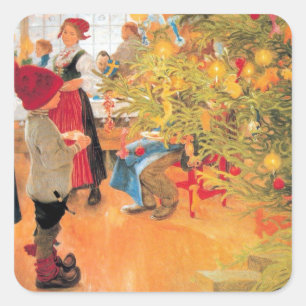 Es ist der Weihnachtszeit-wieder - Junge, der Baum Quadratischer Aufkleber