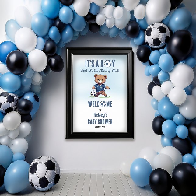 Es ist ein Baby Baby Baby Baby Baby Shower Bearly  Poster (Cute Blue "It's A Boy and We Can Bearly Wait!" Teddy Bear Soccer Player Boy Baby Shower Poster)