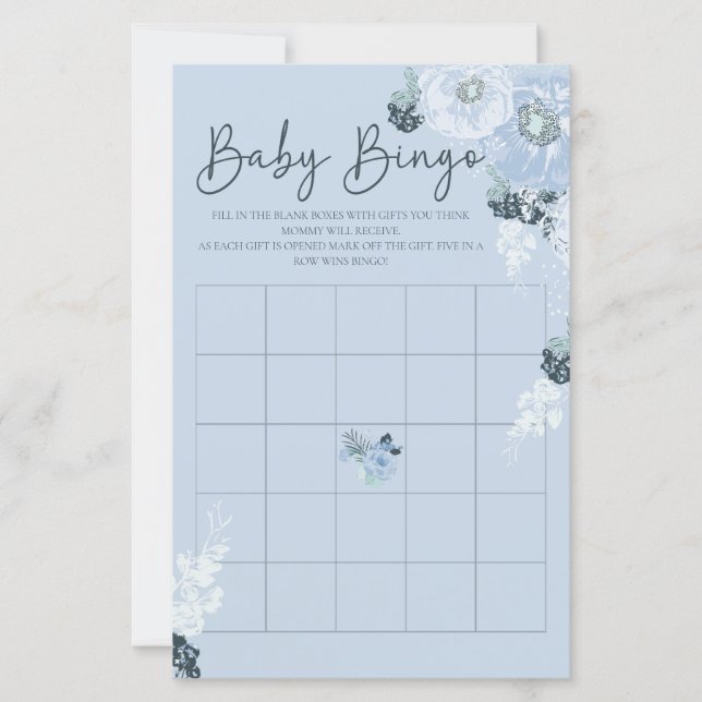 Es ist ein Baby Blue Floral Baby Shower Bingo Spie (Vorderseite)