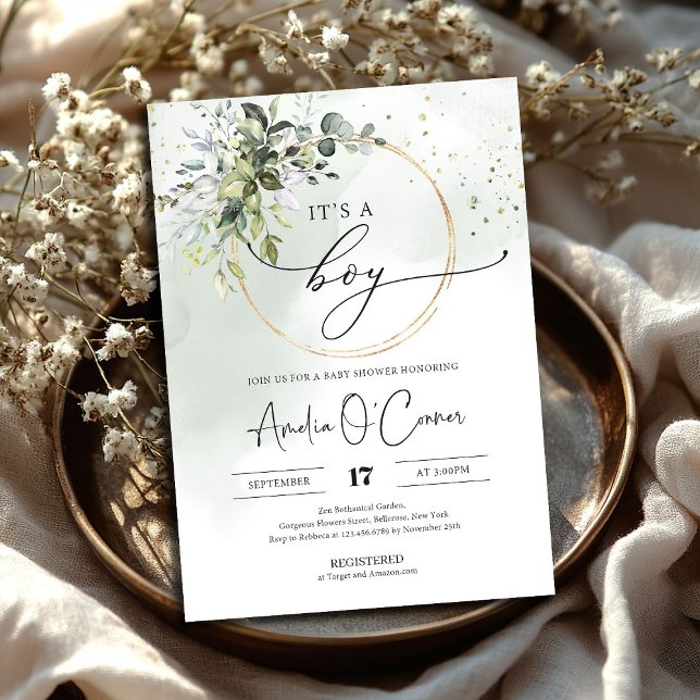 Es ist ein Baby-Dusche Einladung Grün Boho (It's A Boy Baby Shower Invitation Greenery and gold wreath)