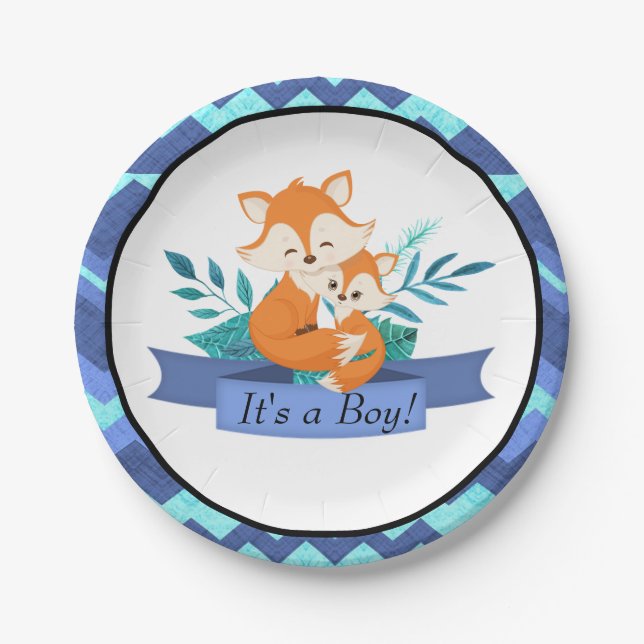 Es ist ein Baby-Duschfuchs Blue Paper Plate Tier Pappteller (Vorderseite)