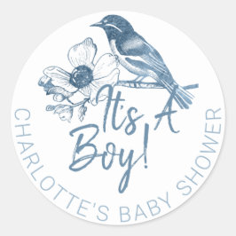 Es ist ein Baby-Duschkleber - Dusty Blue Bird Runder Aufkleber