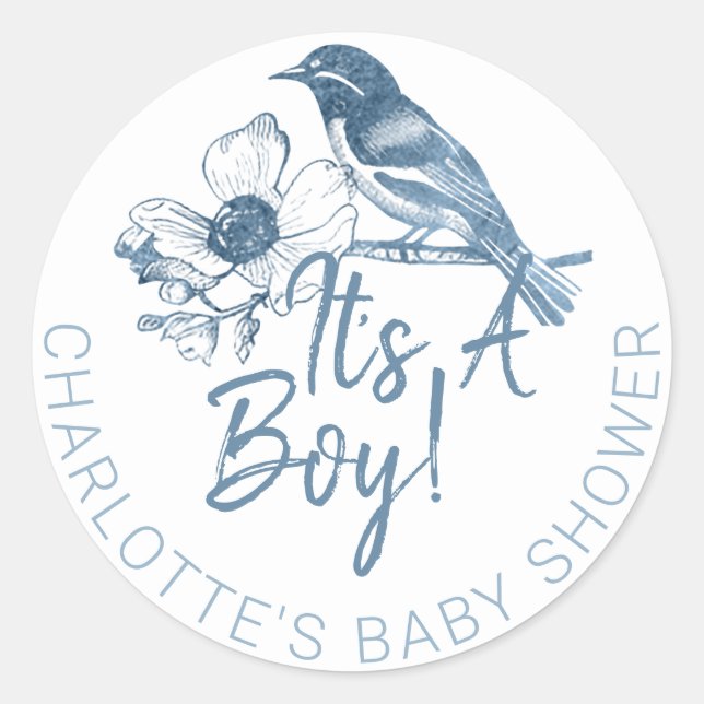 Es ist ein Baby-Duschkleber - Dusty Blue Bird Runder Aufkleber (Vorderseite)