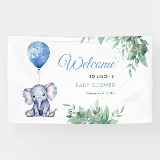 Es ist ein Baby Elephant Balloon Blue Baby Shower Banner (Horizontal)