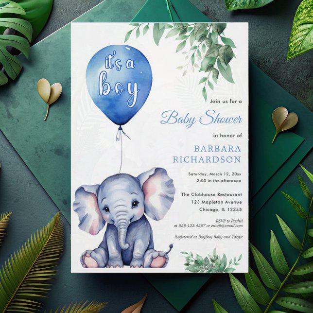 Es ist ein Baby Elephant Balloon Blue Baby Shower Einladung (Von Creator hochgeladen)