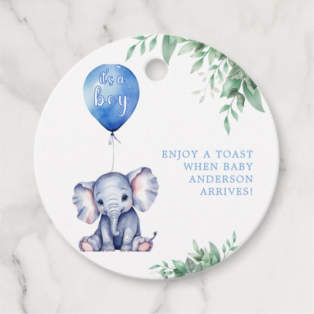 Es ist ein Baby Elephant Balloon Blue Baby Shower Geschenkanhänger (Vorderseite)