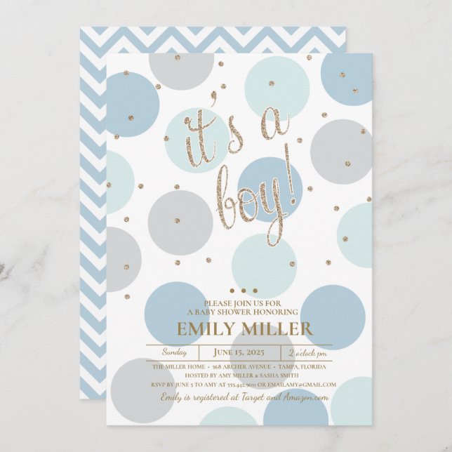 Es ist ein Baby - Graue, Türkis & Blau Babydusche Einladung (Vorne/Hinten)