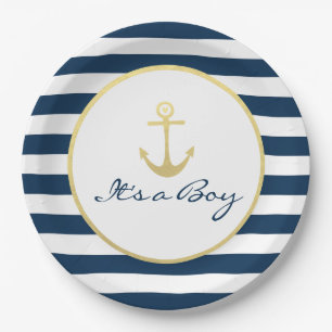 Es ist ein Baby Shower Nautical Navy Stripe Gold Pappteller