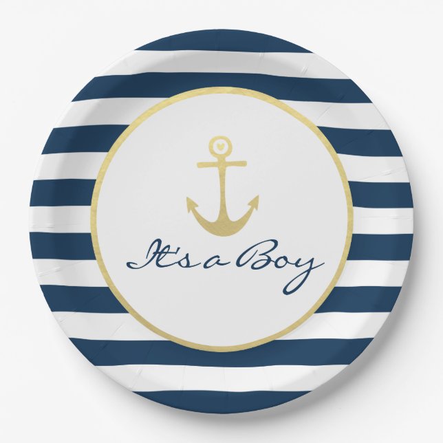 Es ist ein Baby Shower Nautical Navy Stripe Gold Pappteller (Vorderseite)