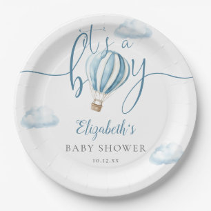 Es ist ein blaues Heißluftballon-Babyshower für Ju Pappteller