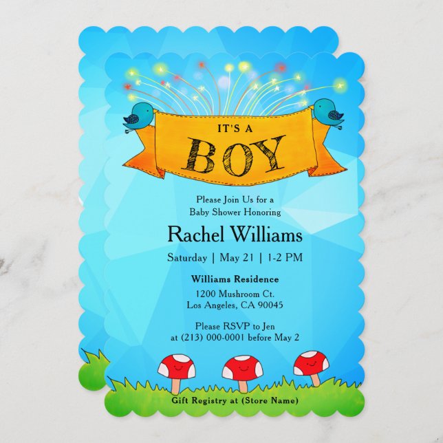 Es ist ein BOY-Blau mit Fireworks Baby Shower Card Einladung (Vorne/Hinten)