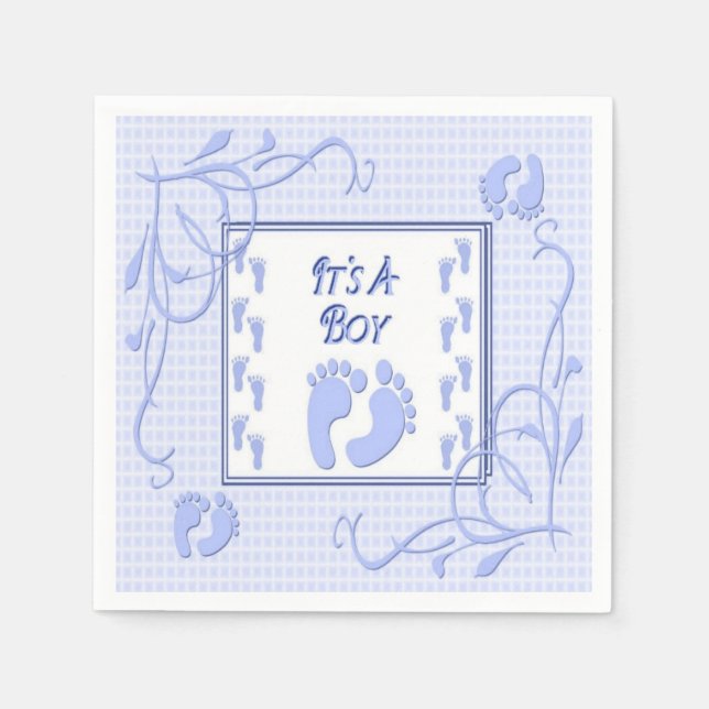 Es ist ein Boy Blue Footprints Baby Shower Napkins Serviette (Vorderseite)