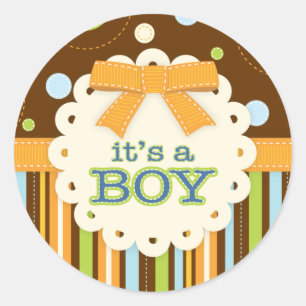 Es ist ein Boy Bow Blue Brown in Stitches Baby Runder Aufkleber