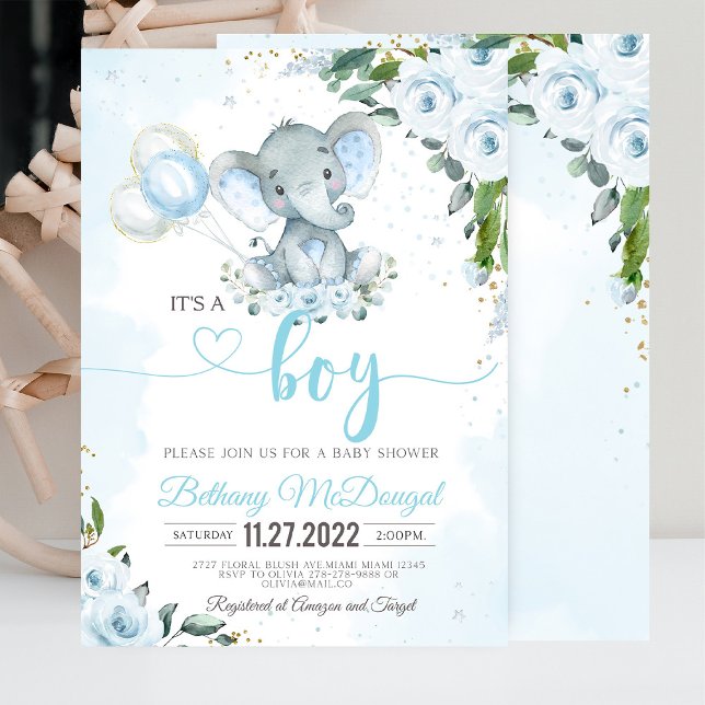 Es ist ein Boy Elephant Blue Balloon Einladung (It's a Boy' baby shower invitation with an elephant and blue balloon design, perfect for a baby boy')