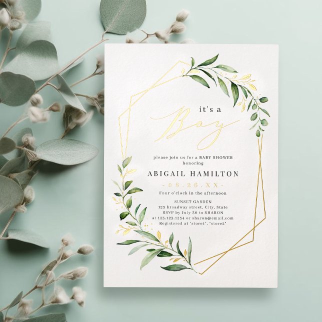 Es ist ein Boy Greenery Gold Geometric Baby Shower Folieneinladung (It's a Boy Greenery Gold Geometric Baby Shower Foi Foil Invitation)