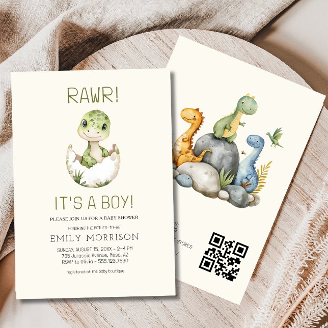 Es ist ein Boy QR Code Niedlich Dinosaur Baby Boy  Einladung (Von Creator hochgeladen)