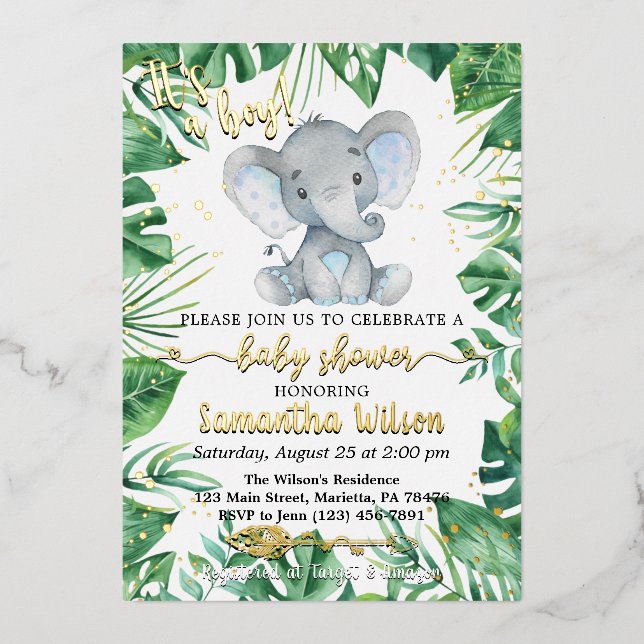 Es ist ein Boy Safari Elephant Baby Shower Real Fo Folieneinladung (Vorderseite)