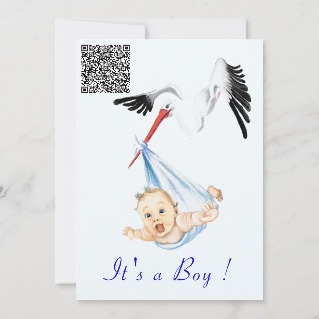 Es ist ein Boy Stork Baby Boy Shower Invite QR Cod (Rückseite)