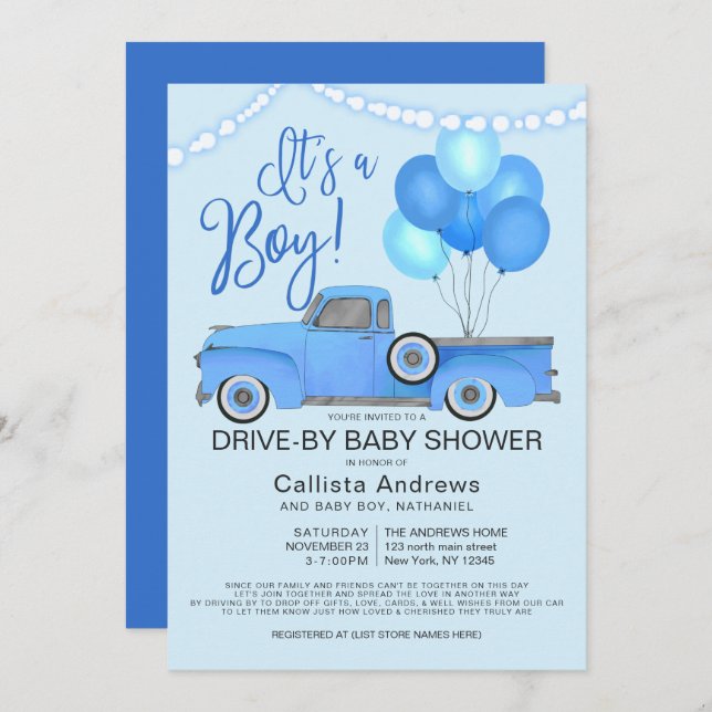 Es ist ein Boy Truck Balloons Drive by Baby Shower Einladung (Vorne/Hinten)