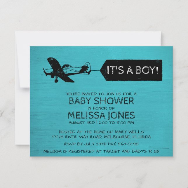 Es ist ein Boy Turquoise Airplane Babydusche Einla Einladung (Vorderseite)