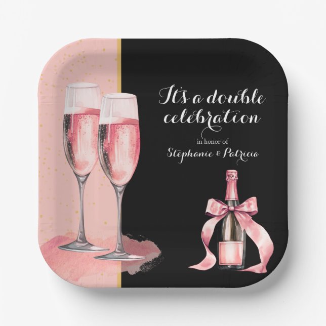 Es ist ein doppeltes Fest Rosa Champagner Geburtst Pappteller (Vorderseite)