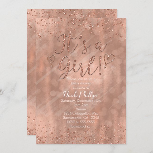 Es ist ein Girl Baby Shower Pink Rose Gold Glamour Einladung (Vorne/Hinten)