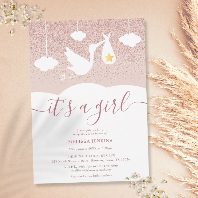 Es ist ein Girl Baby Shower Stork Rose Gold Glitze Einladung (Von Creator hochgeladen)