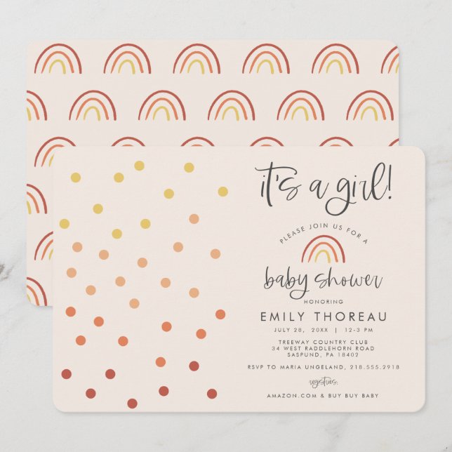 Es ist ein Girl Blush Pink Pastel Terracotta Rainb Einladung (Vorne/Hinten)