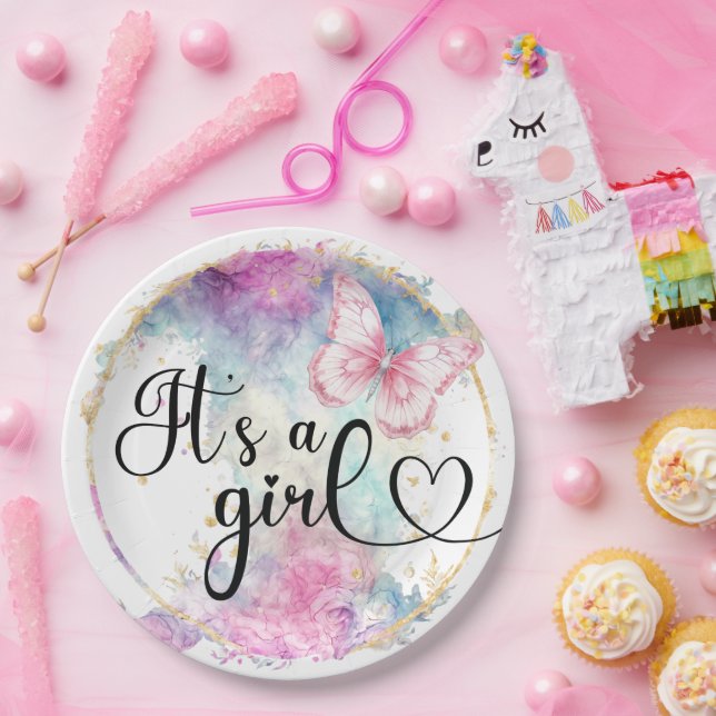 Es ist ein Girl Colorink Butterfly Pappteller (Party)