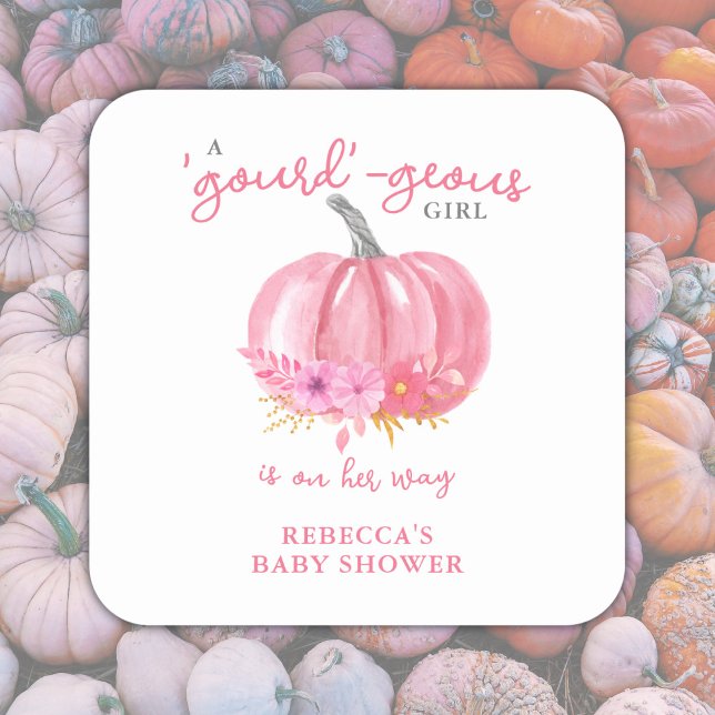 Es ist ein Girl Fun Pun Pink Pumpkin Baby Girl Sho Quadratischer Aufkleber (Add your name / edit text to customize.)
