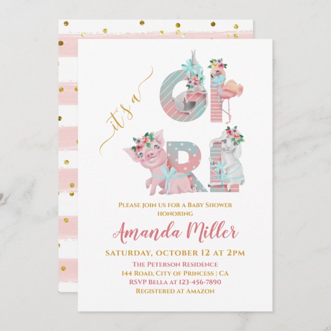 Es ist ein Girl Hübsch Animal Letters Baby Shower  Einladung (Vorne/Hinten)