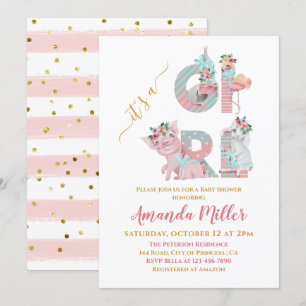Es ist ein Girl Hübsch Animal Letters Baby Shower  Einladung
