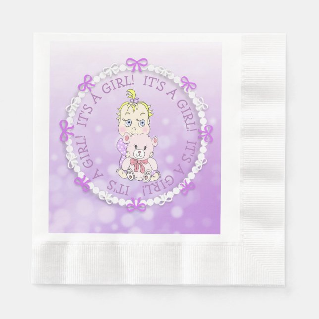 Es ist ein Girl Lila Baby and Teddy Bear Baby Show Serviette (Vorderseite)