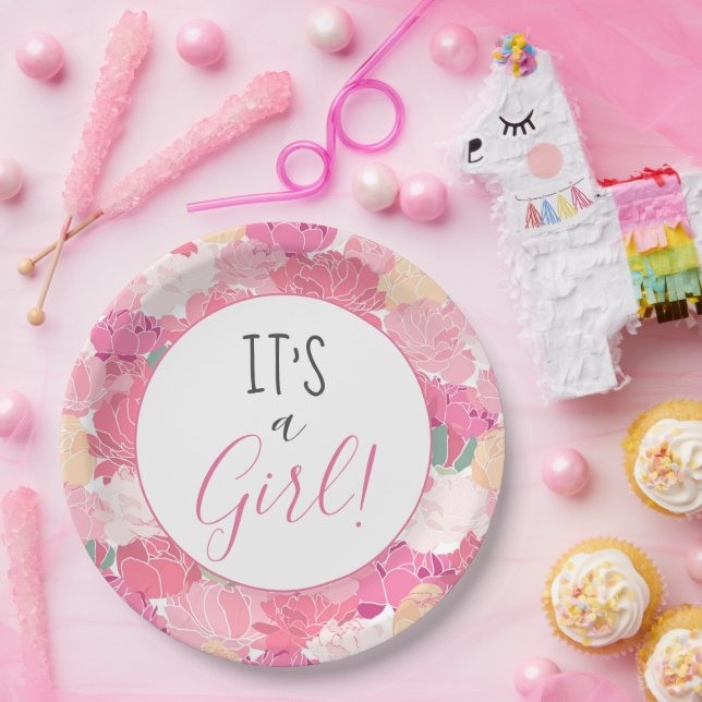 Es ist ein Girl Pink Blumenmuster Baby Sprinkle Na Pappteller (Party)